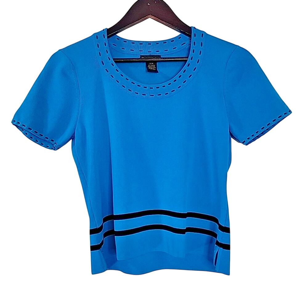 Grace Dane Lewis Women’s Sweater Blue Black Trim Waist Length PM NWOT‎